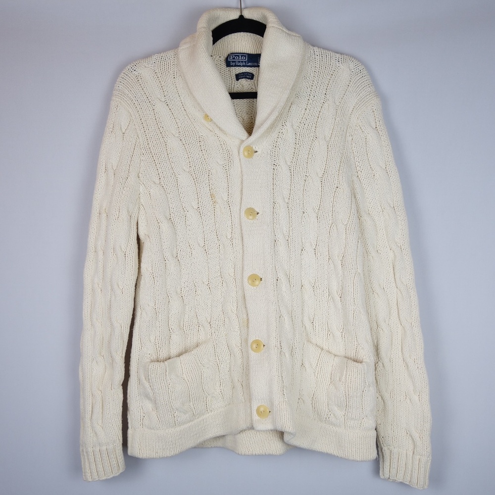 Vintage Ralph Lauren Cable-Link Hand Knit Cardigan Sweater w/ Shawl Collar, Sz M